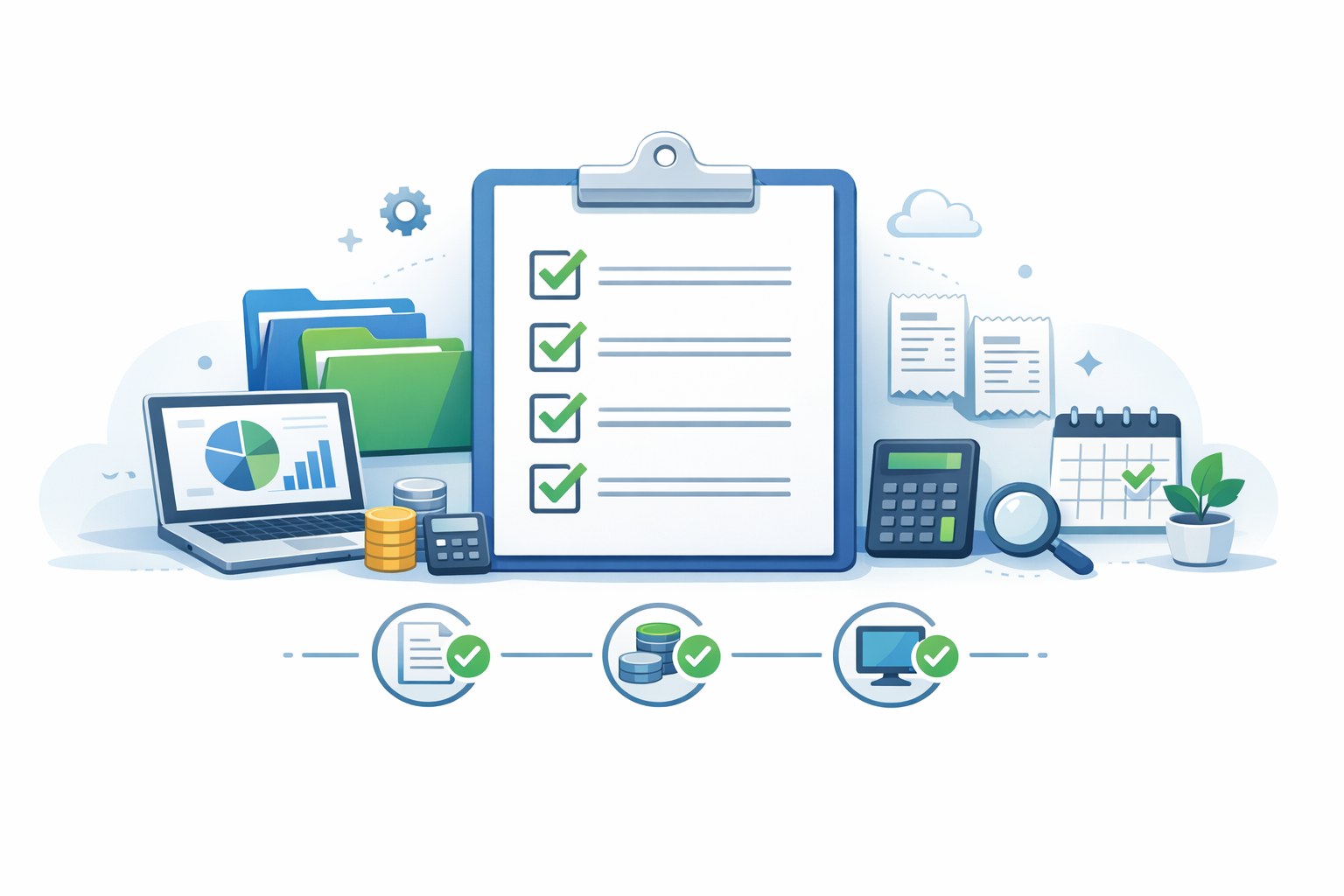Checklist-style bookkeeping setup visual for MTD compatible software, records, and monthly reconciliation tasks
