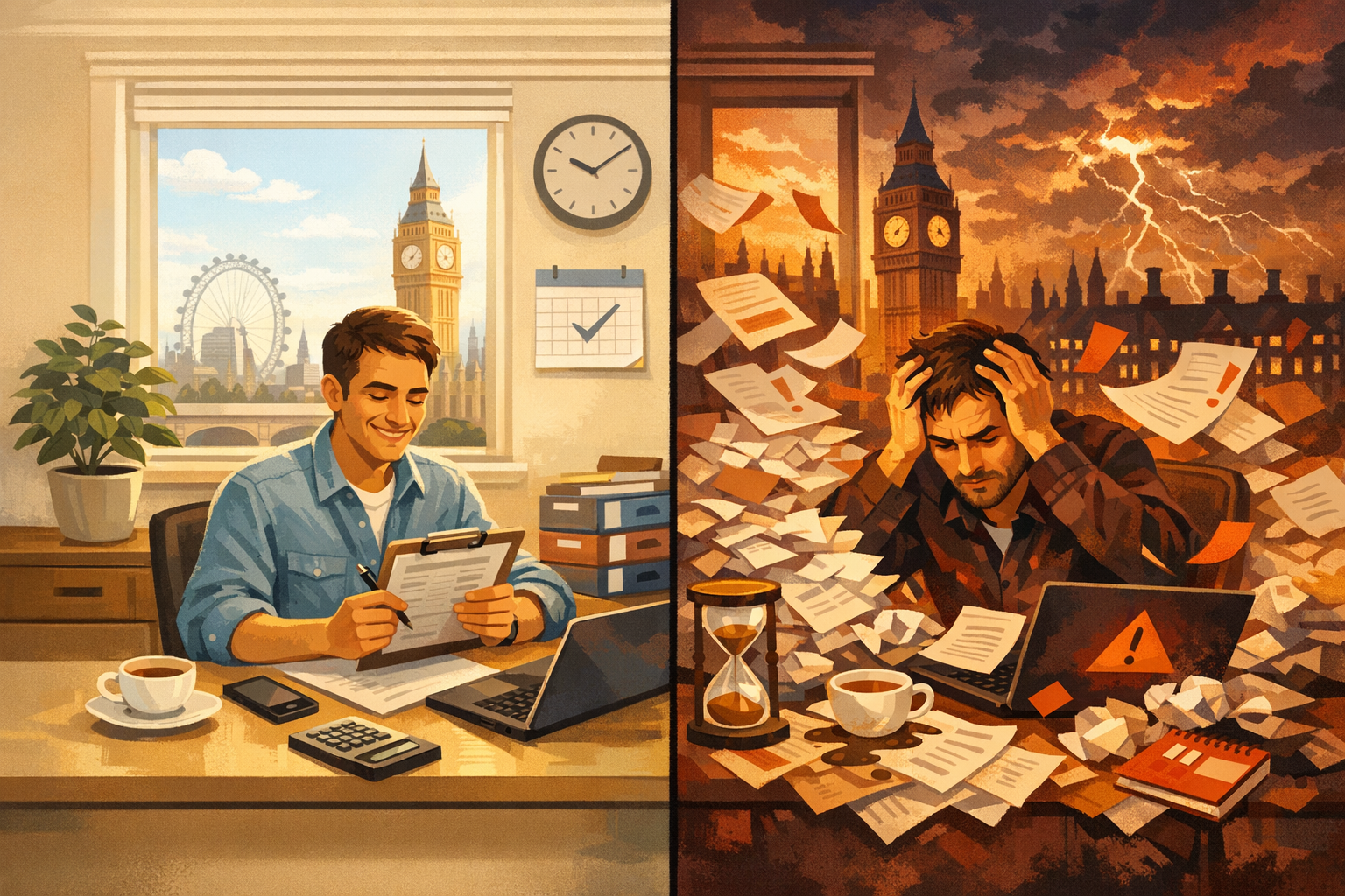 Split-scene visual comparing organised on-time tax preparation with late filing risk and admin pressure